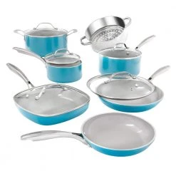Aqua Blue 12-Piece Aluminum Ceramic Nonstick Cookware Set with Glass Lids by Gotham Steel
