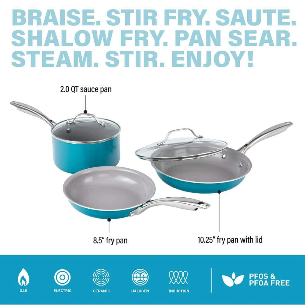 5-Piece Aluminum Ti-Ceramic Nonstick Round Cookware Set with Lids in Aqua Blue by Gotham Steel - Image 4
