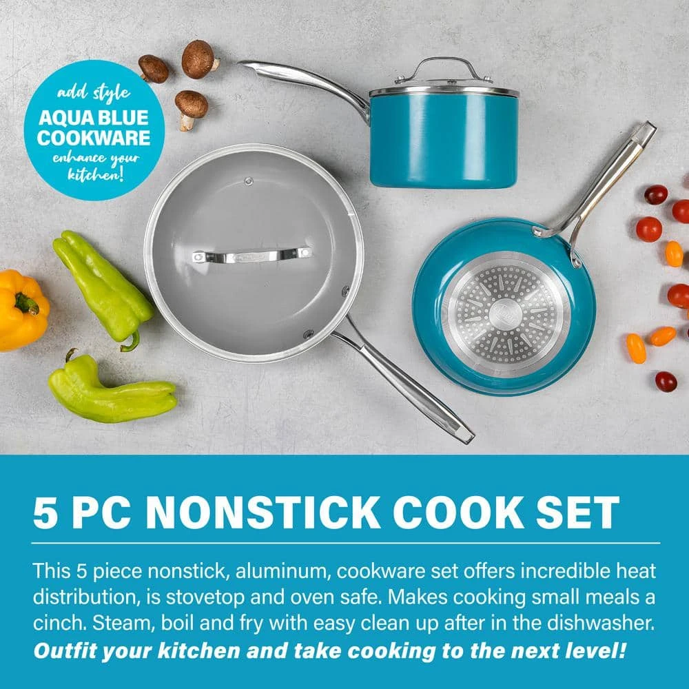 5-Piece Aluminum Ti-Ceramic Nonstick Round Cookware Set with Lids in Aqua Blue by Gotham Steel - Image 3