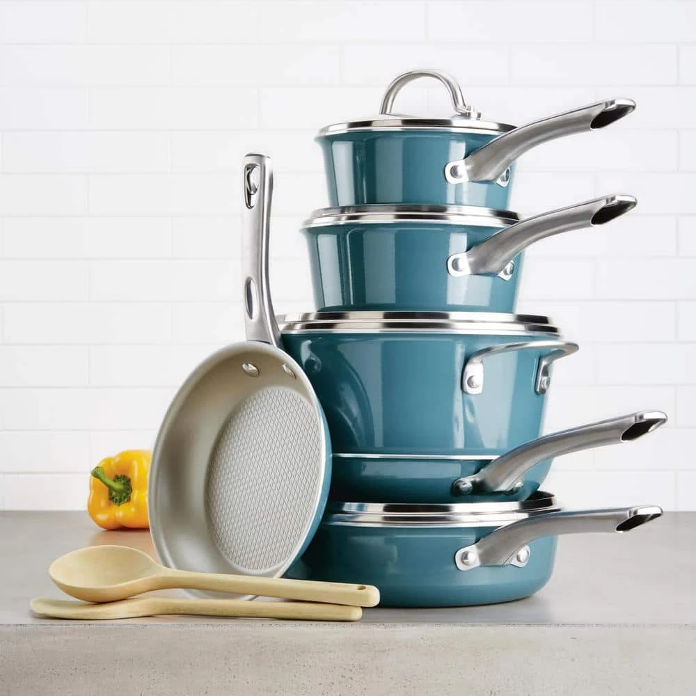 Home Collection 4.5 Qt. Twilight Teal Porcelain Enamel Non-Stick Covered Saucepot by Ayesha Curry - Image 6