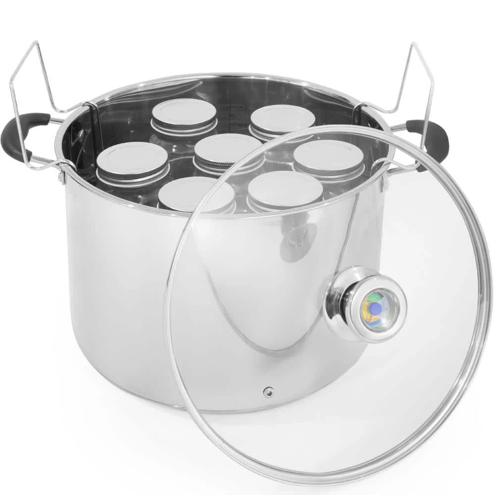 20 qt. Water Bath Silver Stainless Steel Gas Electric Stock Pots with Temperature Indicator and Canning Jars by Barton