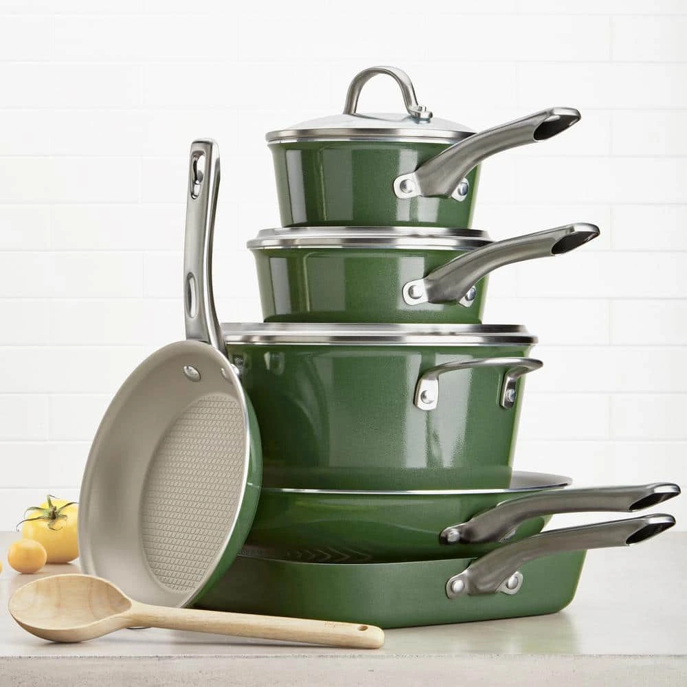 Ayesha Home Collection Porcelain Enamel Nonstick Cookware Set, 10-Piece, Basil Green by Ayesha Curry - Image 6