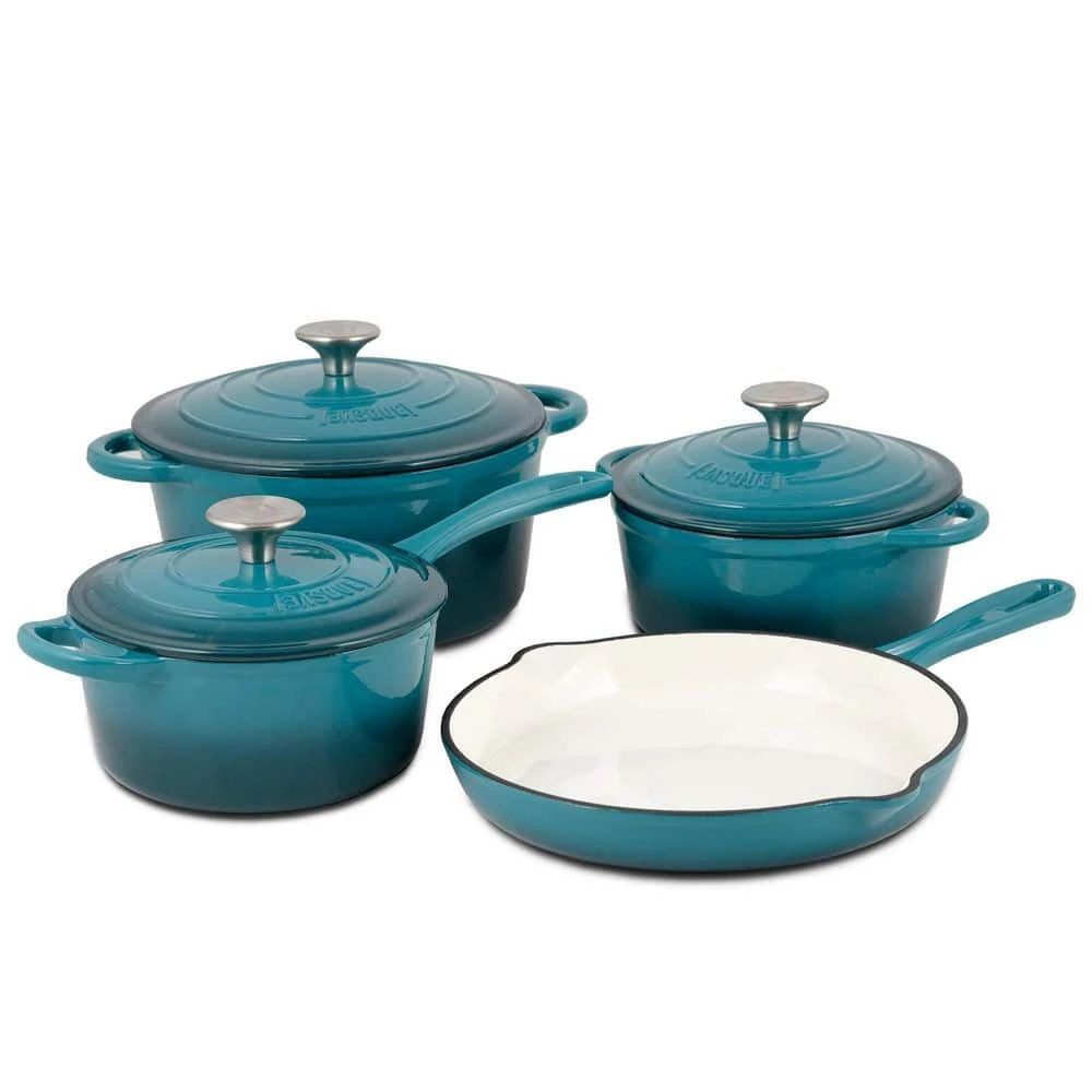 7-Piece Enameled Cast Iron Nonstick Cookware Set in Biscay Blue by BASQUE