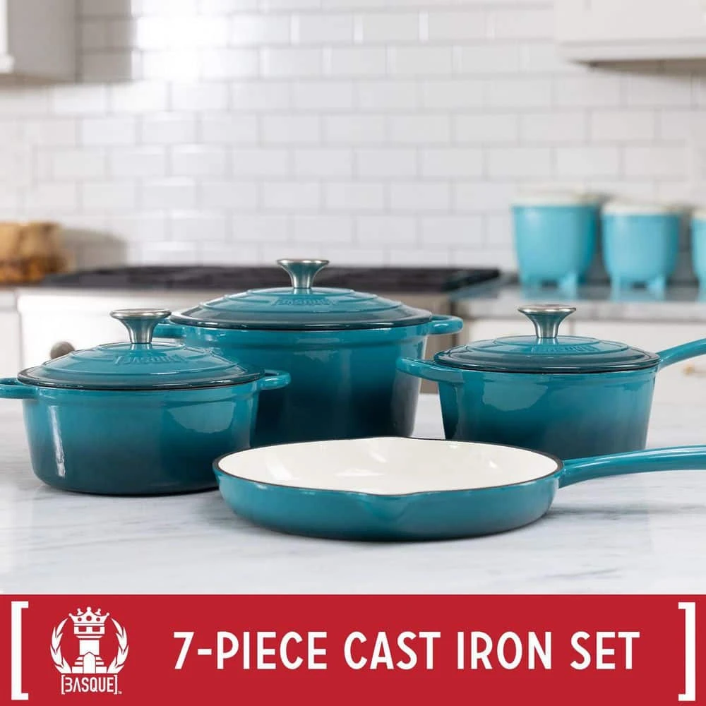 7-Piece Enameled Cast Iron Nonstick Cookware Set in Biscay Blue by BASQUE - Image 2