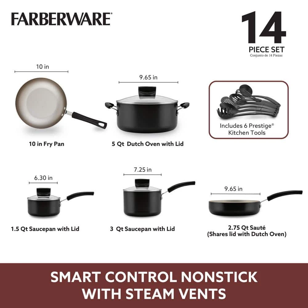 Farberware Black 14-Piece Smart Control Cookware Nonstick Pots and Pans Set - Image 4