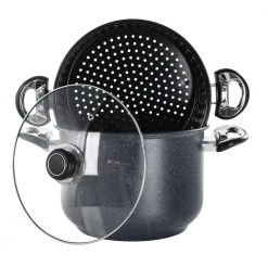 Leighton 3-Piece 8.5 Qt. Steel Nonstick Pasta Pot with Steamer in Black by GIBSON HOME