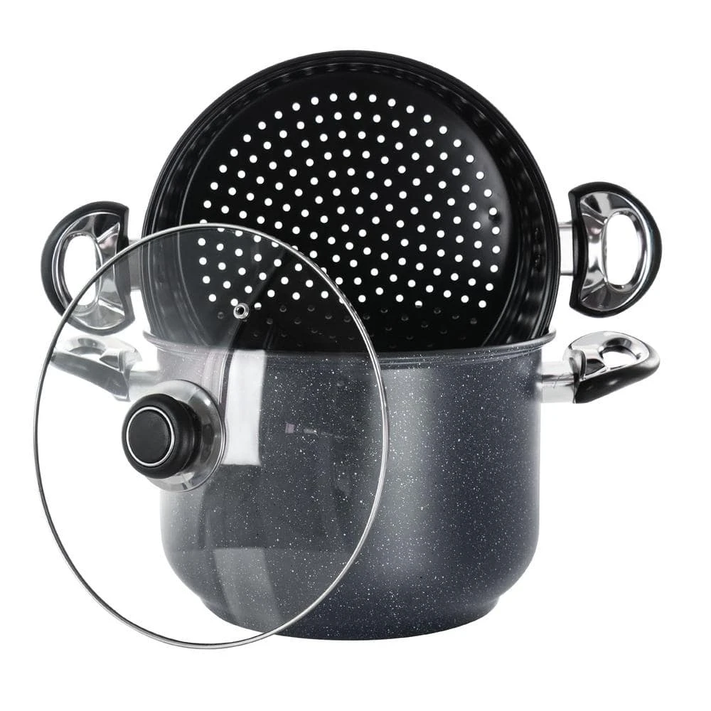 Leighton 3-Piece 8.5 Qt. Steel Nonstick Pasta Pot with Steamer in Black by GIBSON HOME