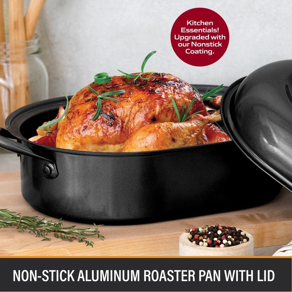 3.7 qt. Aluminum Nonstick Diamond Infused Coating Covered Oval Roasting Pan with Lid by GRANITESTONE - Image 2