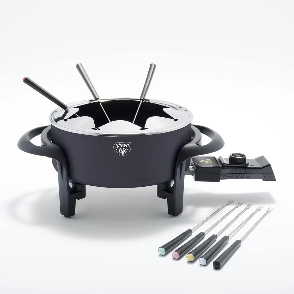 3 qt. Black Ceramic Non-Stick Multi-Use Fondue Pot Set with 8-Fondue Forks by GreenLife