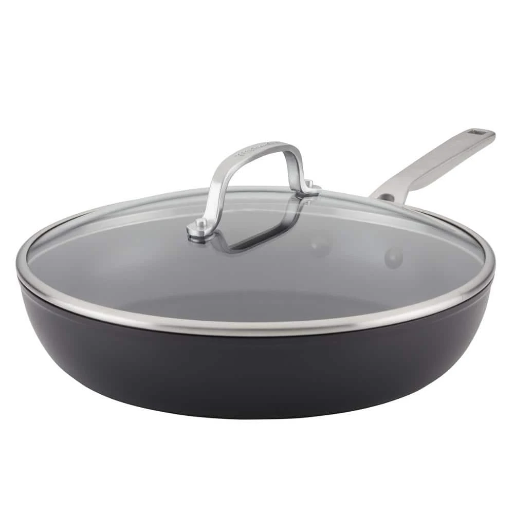 12.25 in. Hard-Anodized Induction Aluminum Nonstick Frying Pan with Lid Black Matte by KitchenAid