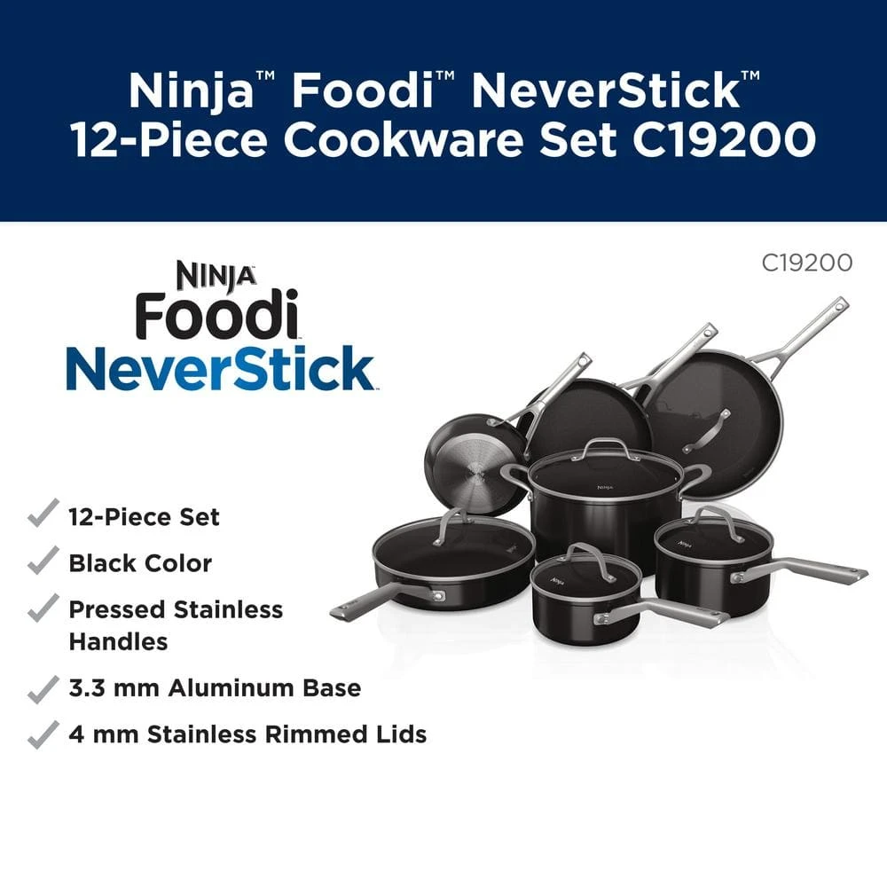 Foodi NeverStick 12-Piece Stainless Steel Nonstick Cookware Set with Lids in Black by NINJA - Image 6