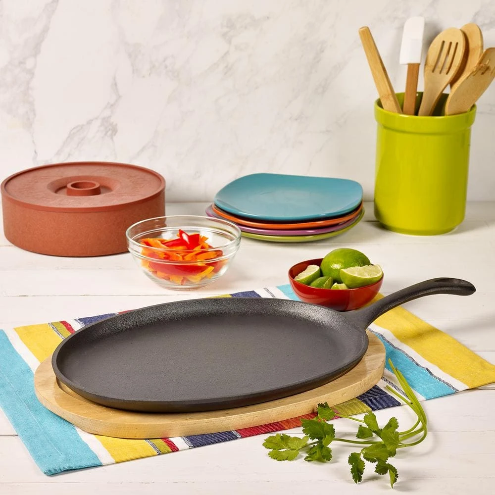 2-Piece Oval Sizzler Set 9 in. Pre-Seasoned Cast Iron w/ Wood Trivet by Unbranded - Image 3