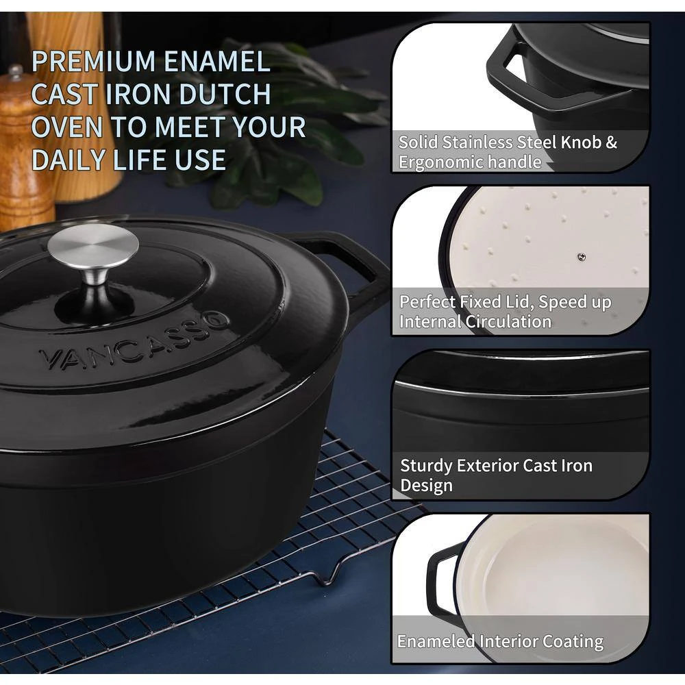 8 qt. Oval Non-Stick Cast Iron Dutch Oven in Black with Lid by vancasso - Image 4