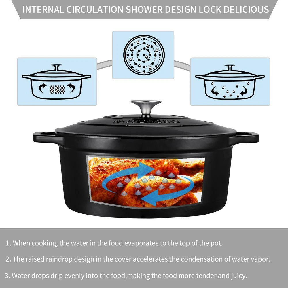 8 qt. Oval Non-Stick Cast Iron Dutch Oven in Black with Lid by vancasso - Image 3