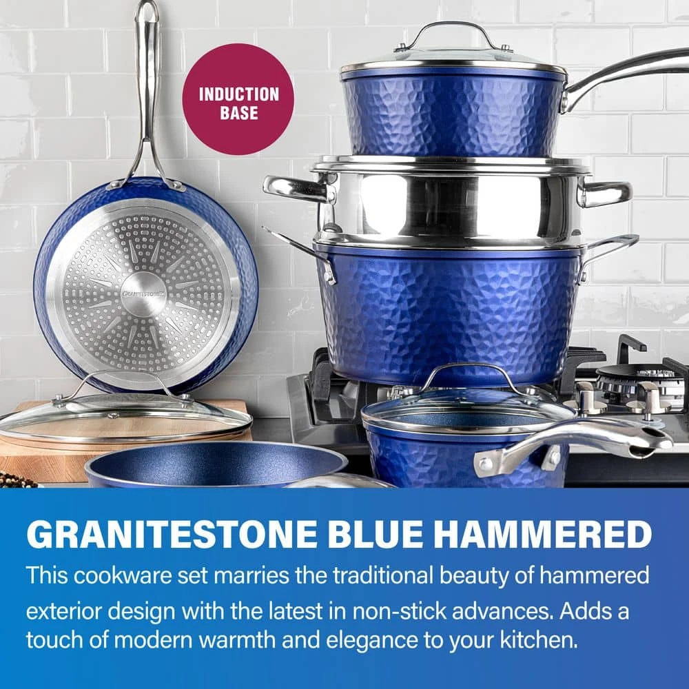 10-Piece Aluminum Hammered Ultra-Durable Non-Stick Diamond Infused Cookware Set in Classic Blue by Granite Stone Diamond - Image 5