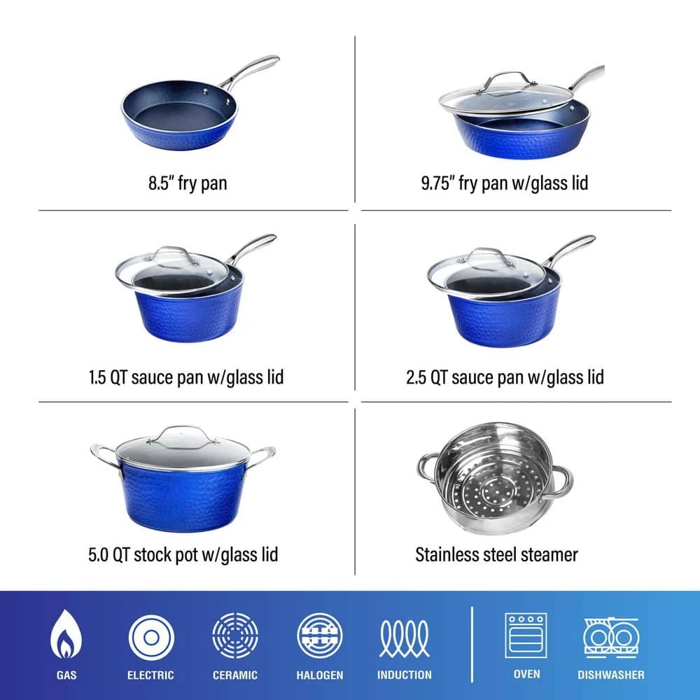 10-Piece Aluminum Hammered Ultra-Durable Non-Stick Diamond Infused Cookware Set in Classic Blue by Granite Stone Diamond - Image 3