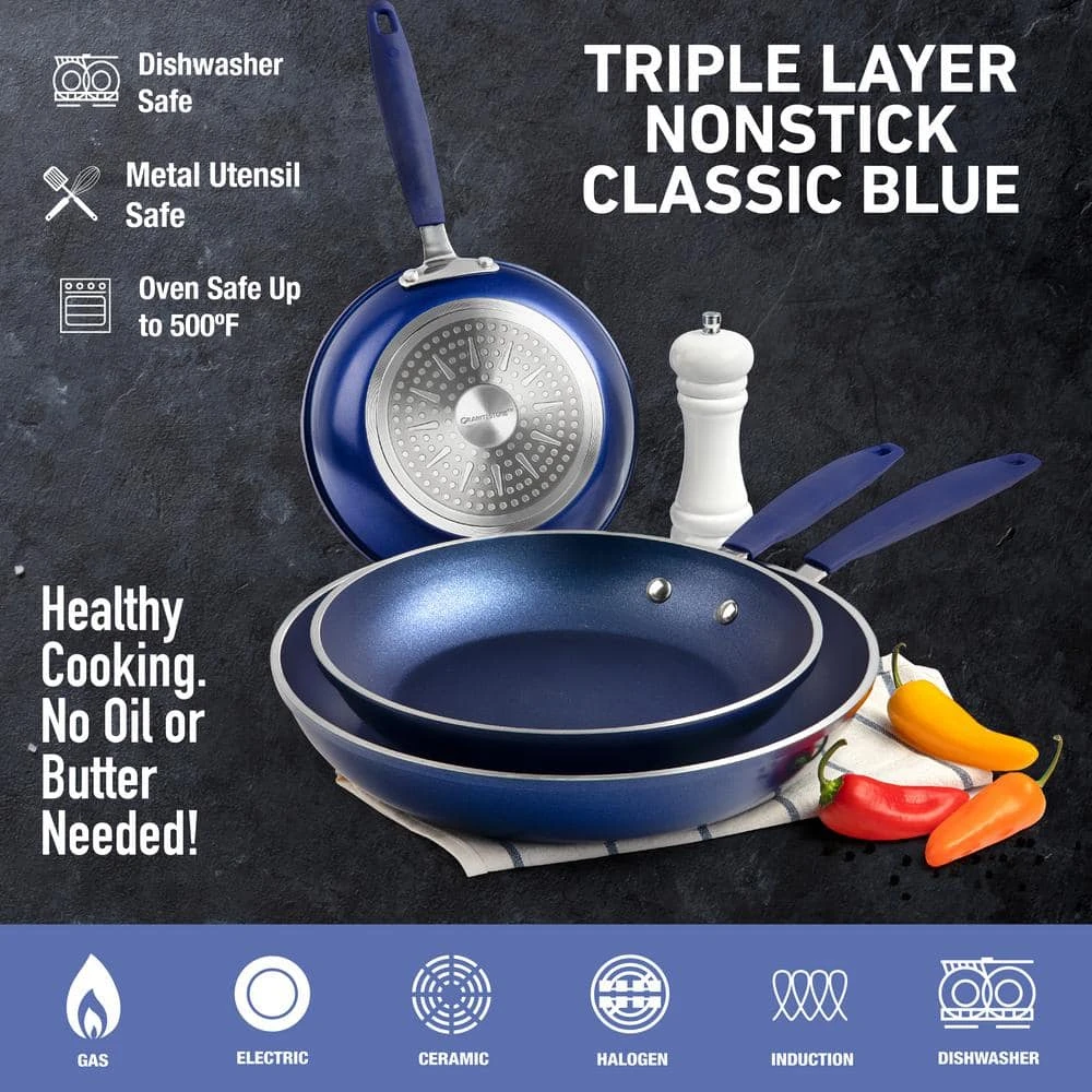 Classic Blue 3-Piece Aluminum Nonstick Mineral and Diamond Triple Coated Frying Pan Set (8 in., 10 in. and 12 in.) by Granite Stone Diamond - Image 5