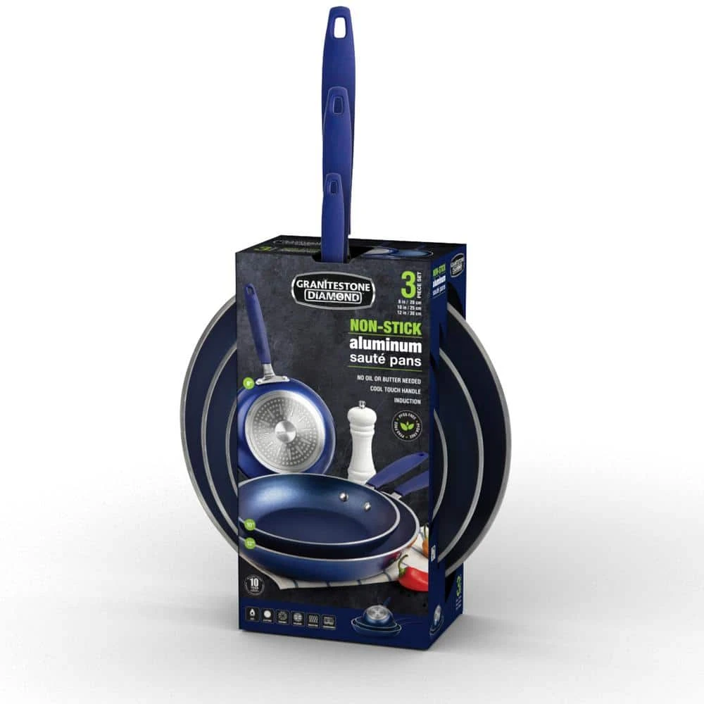 Classic Blue 3-Piece Aluminum Nonstick Mineral and Diamond Triple Coated Frying Pan Set (8 in., 10 in. and 12 in.) by Granite Stone Diamond - Image 2