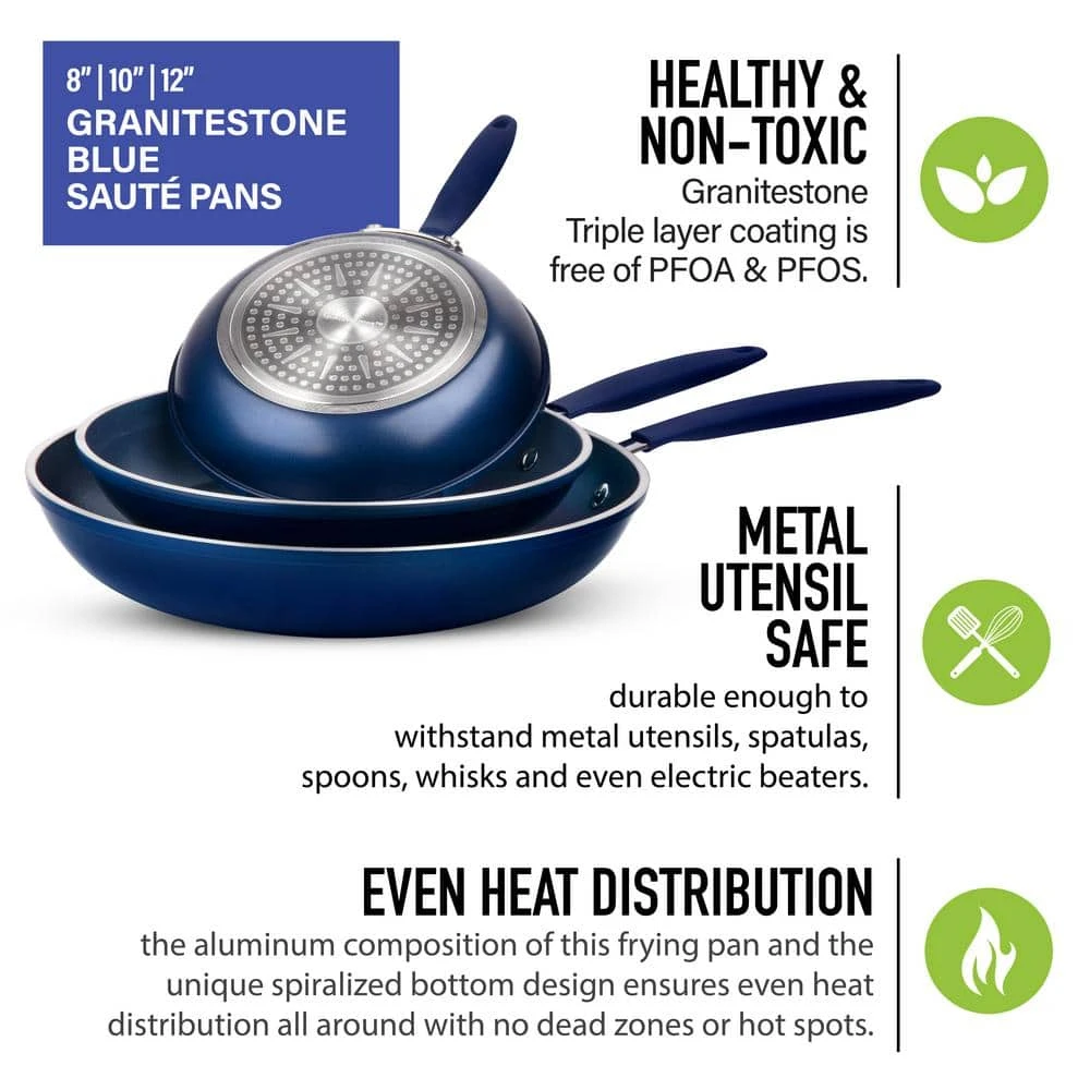 Classic Blue 3-Piece Aluminum Nonstick Mineral and Diamond Triple Coated Frying Pan Set (8 in., 10 in. and 12 in.) by Granite Stone Diamond - Image 8