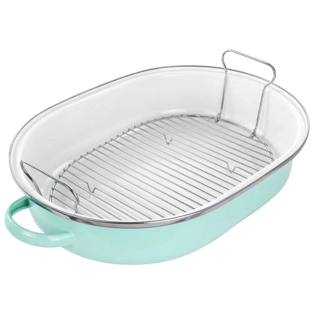 18 in. 8 qt. Martha Blue Enamel on Steel Oval Roasting Pan with Rack and Lid by MARTHA STEWART - Image 4