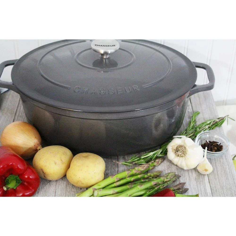 French Enameled 6 qt. Oval Cast Iron Dutch Oven in Caviar Grey with Lid by Chasseur - Image 5