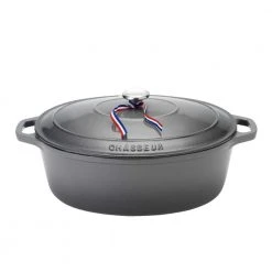 French Enameled 6 qt. Oval Cast Iron Dutch Oven in Caviar Grey with Lid by Chasseur