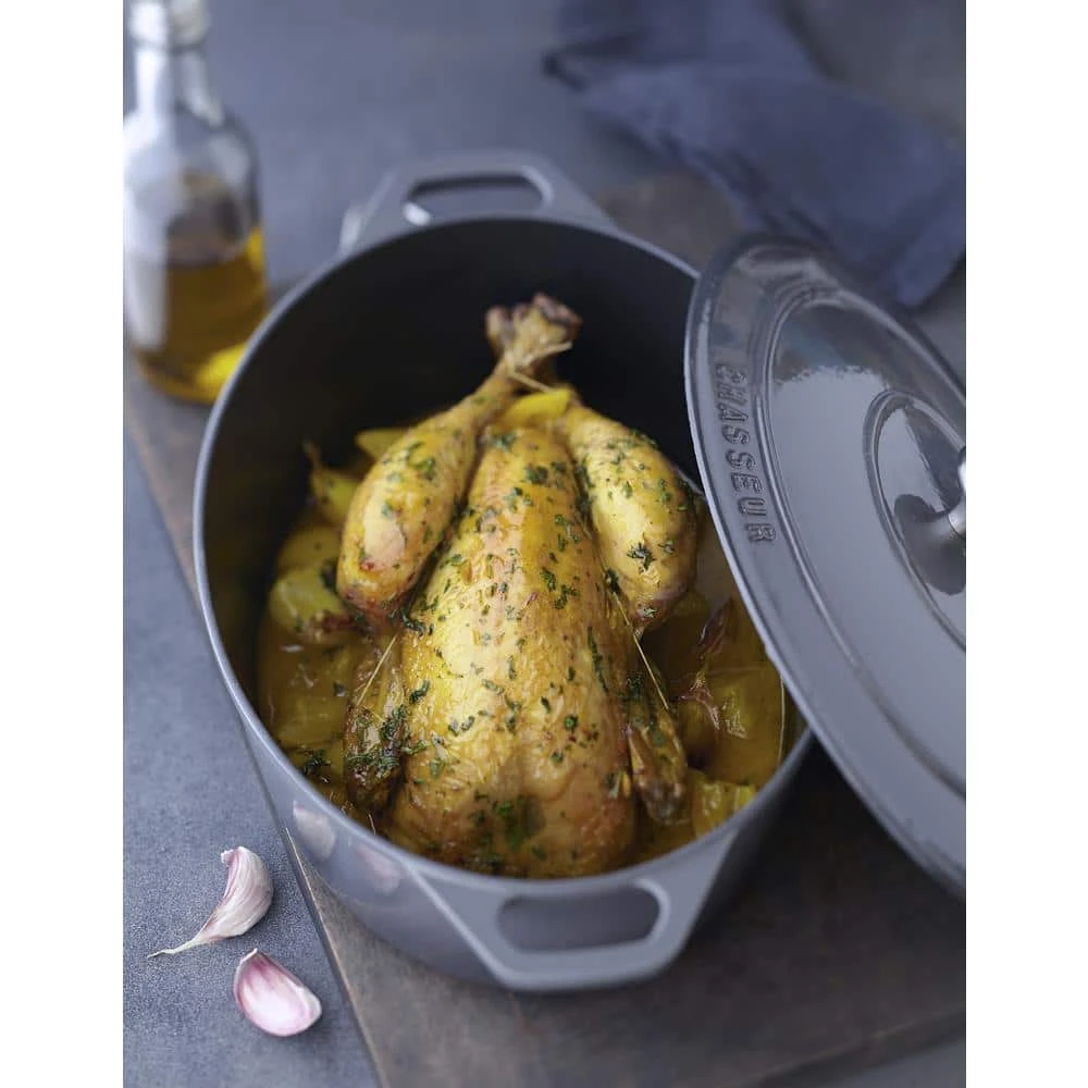 French Enameled 6 qt. Oval Cast Iron Dutch Oven in Caviar Grey with Lid by Chasseur - Image 2