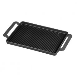 French Enameled 9.75 in. Cast Iron Grill Pan in Caviar Grey by Chasseur