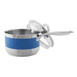 Stripes 2.5 qt. Stainless Steel Pouring Sauce Pan in Brushed Stainless Steel with Glass Lid and Blue Cove Band by Chantal