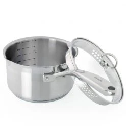 Induction 21 Steel 2.5 qt. Stainless Steel Pour-Spout Sauce Pan in Brushed Stainless Steel with Strainer Glass Lid by Chantal
