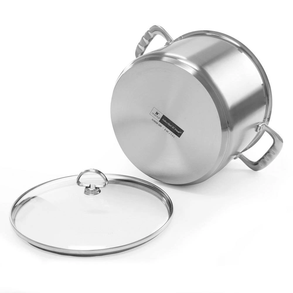 Induction 21 Steel 8 qt. Stainless Steel Stock Pot in Brushed Stainless Steel with Glass Lid by Chantal - Image 4