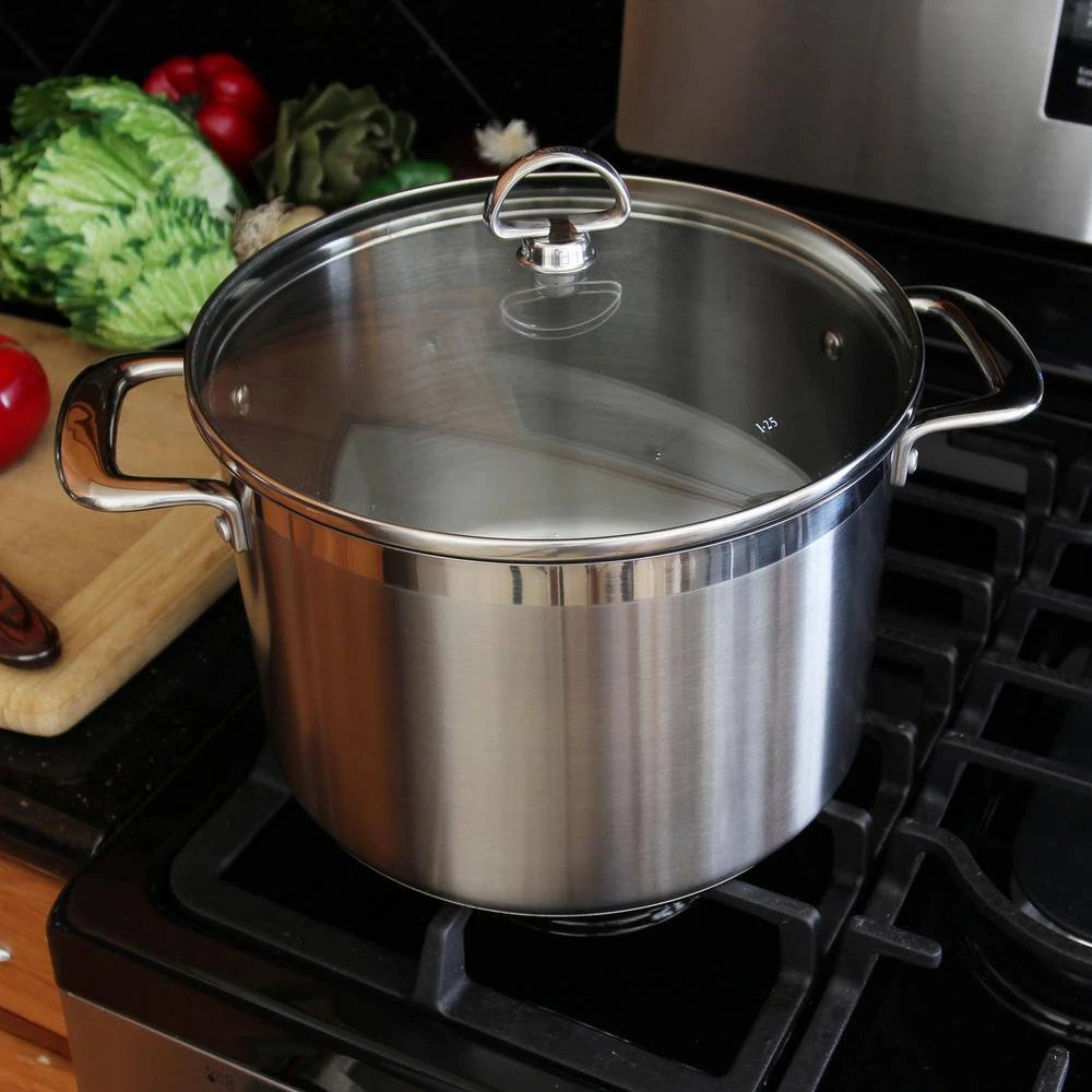 Induction 21 Steel 8 qt. Stainless Steel Stock Pot in Brushed Stainless Steel with Glass Lid by Chantal - Image 2