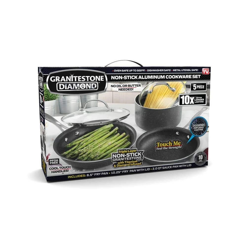 5-Piece Aluminum Ultra-Durable Non-Stick Diamond Infused Cookware Set with Glass Lids by GRANITESTONE - Image 5