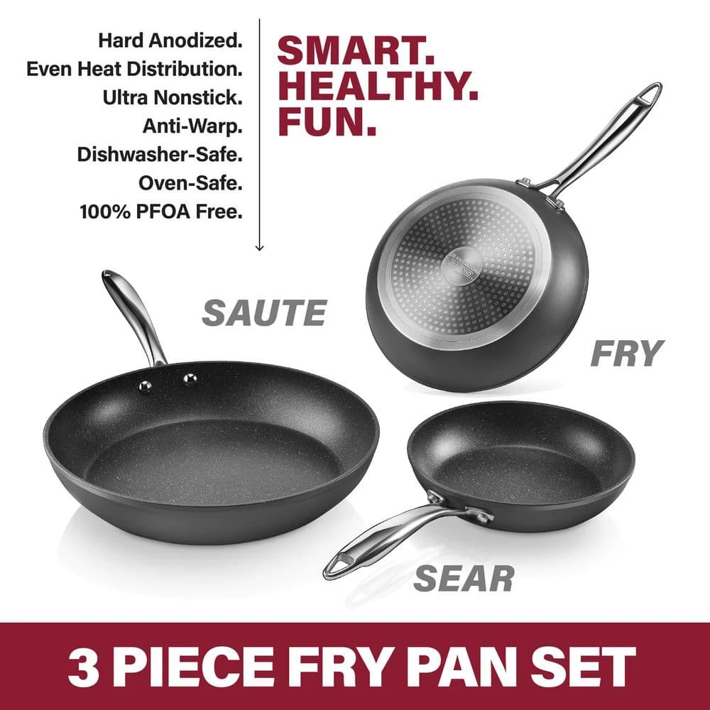 Professional 3-Piece Aluminum Ultra-Nonstick Hard Anodized Diamond Infused Fry Pan Set (8 in., 10 in., 12 in.) by GRANITESTONE - Image 3