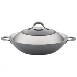 Elementum Hard-Anodized Nonstick Covered Wok with Side Handles, 14-Inch, Oyster Gray by Circulon