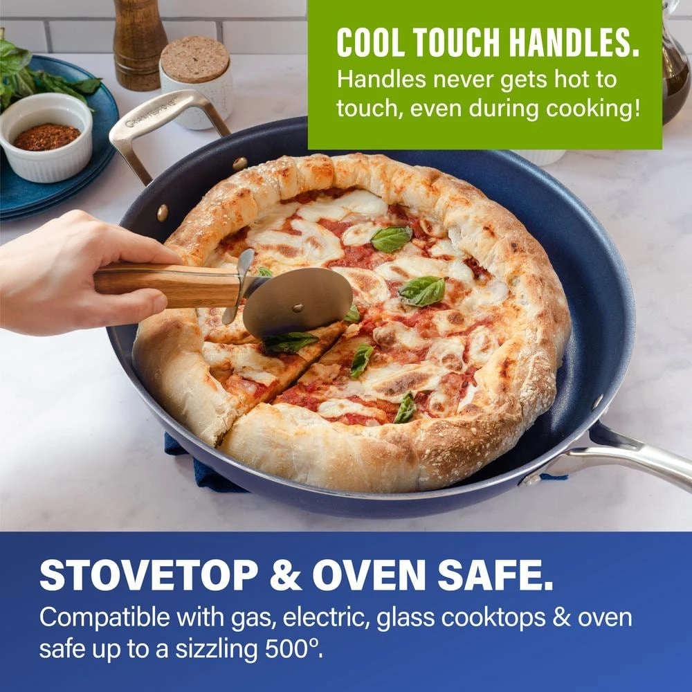 Classic Blue 14 in. Aluminum Ultra-Durable Diamond Infused Family Skillet with Glass Lid and Helper Handle by GRANITESTONE - Image 4