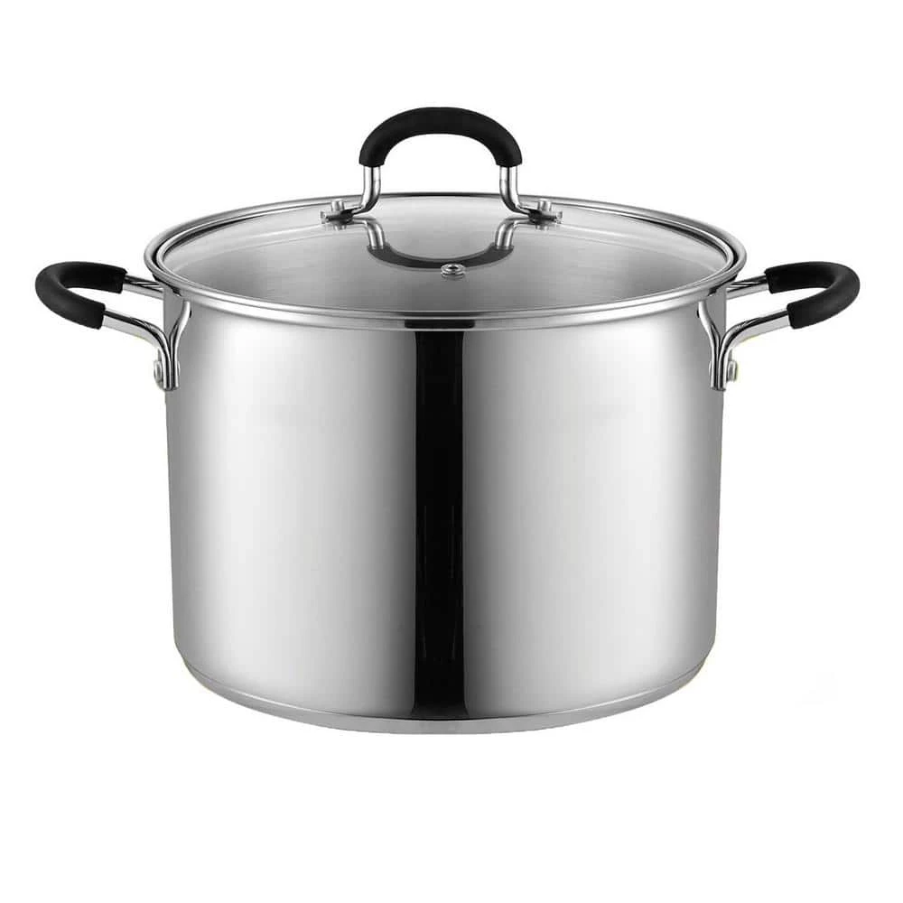 8 qt. Stainless Steel Stock Pot in Black and Stainless Steel with Glass Lid by Cook N Home