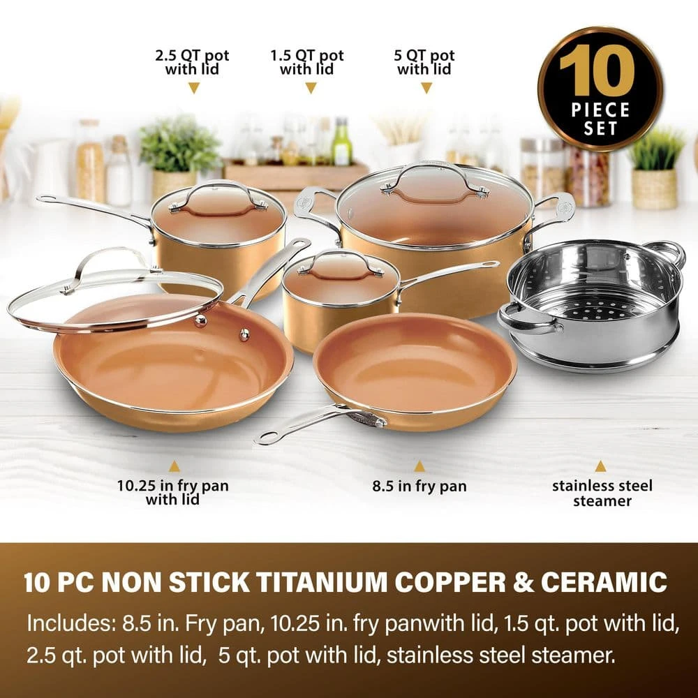 10-Piece Aluminum Ti-Ceramic Nonstick Round Cookware Set with Lids in Copper by Gotham Steel - Image 3