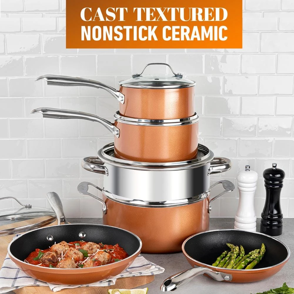 10-Piece Cast-Textured Aluminum Ti-Ceramic Nonstick Cookware Set in Copper by Gotham Steel - Image 4