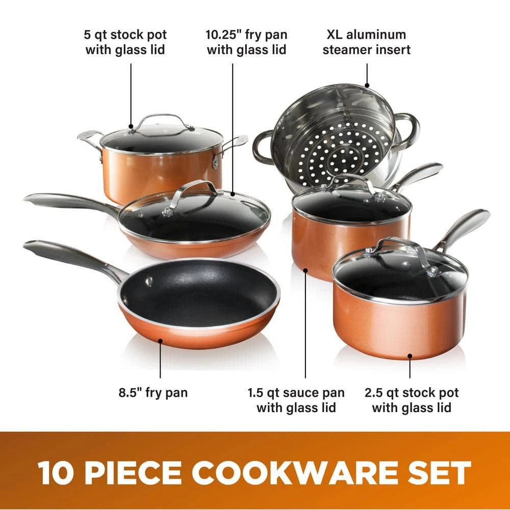 10-Piece Cast-Textured Aluminum Ti-Ceramic Nonstick Cookware Set in Copper by Gotham Steel - Image 3