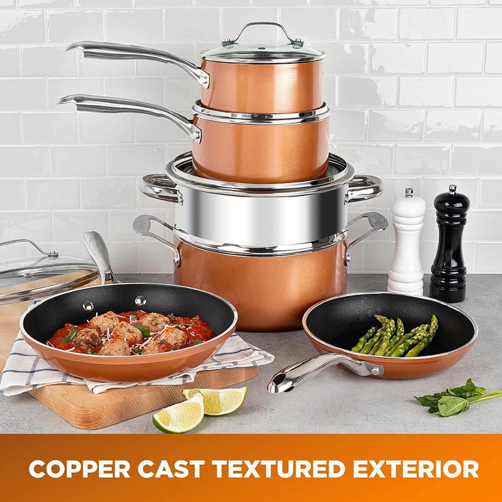15-Piece Cast-Textured Aluminum Ultra-Nonstick PFOA Free Cookware and Bakeware Set in Copper by Gotham Steel - Image 6