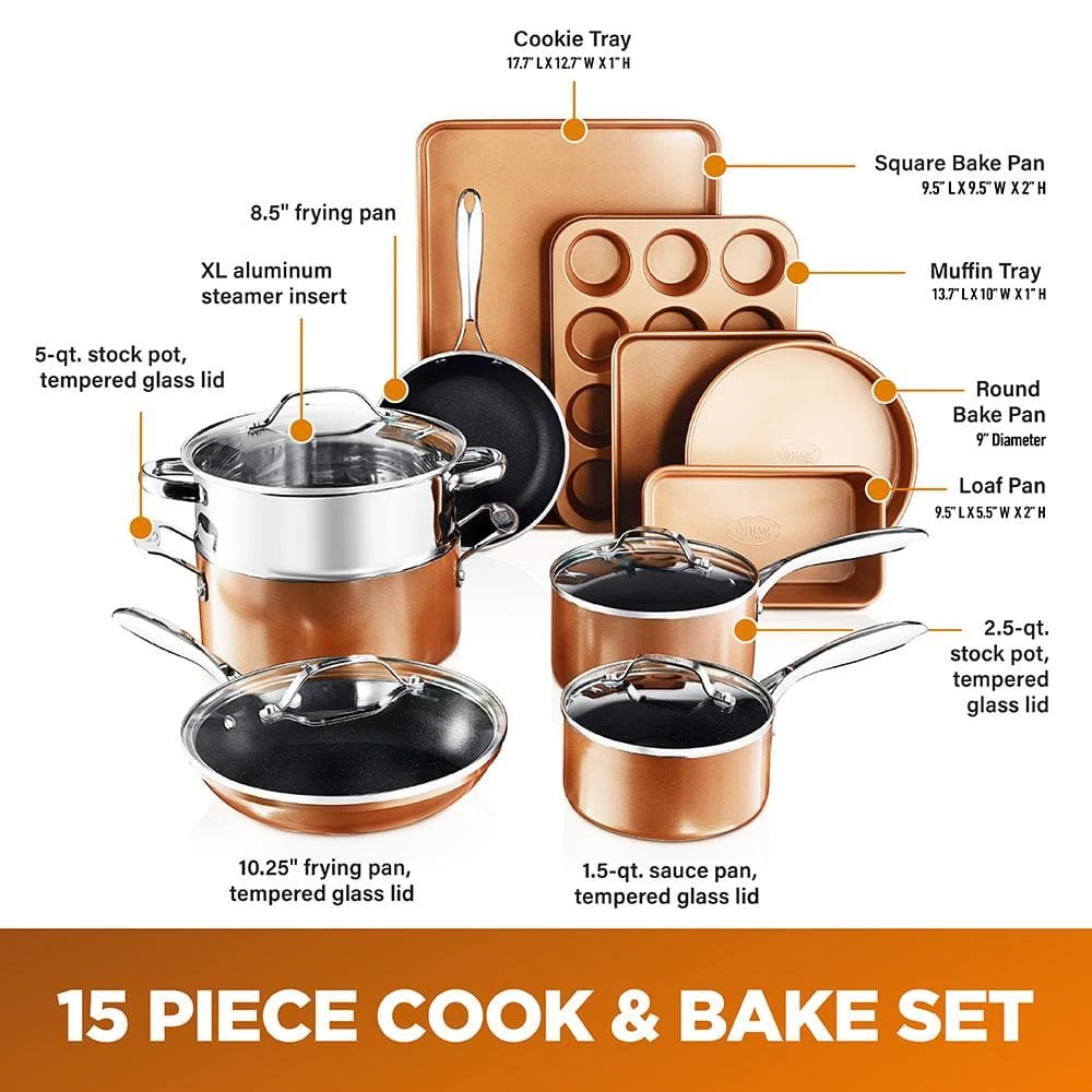 15-Piece Cast-Textured Aluminum Ultra-Nonstick PFOA Free Cookware and Bakeware Set in Copper by Gotham Steel - Image 5