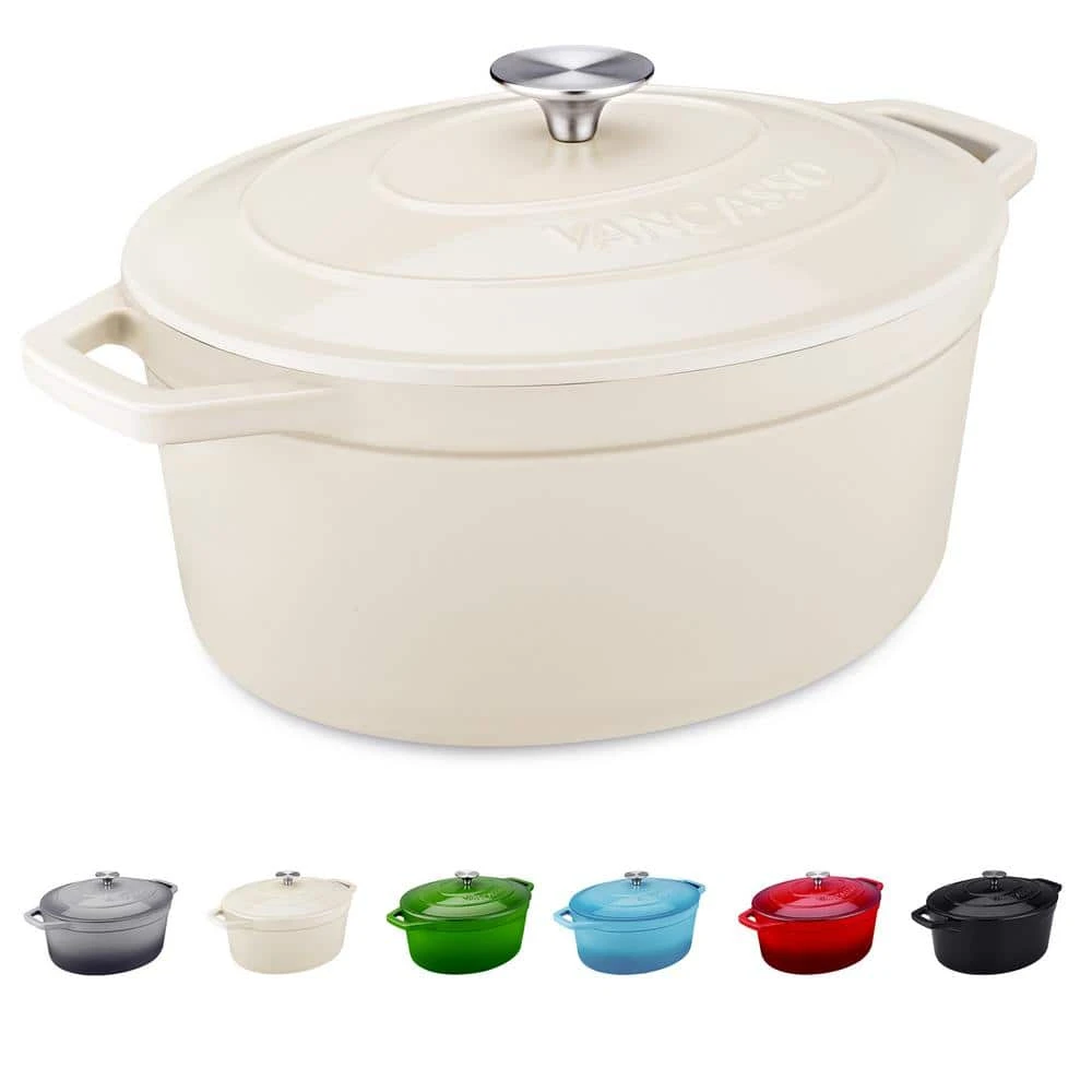 6 qt. Oval Cast Iron Nonstick Dutch Oven in Cream with Lid by vancasso - Image 2