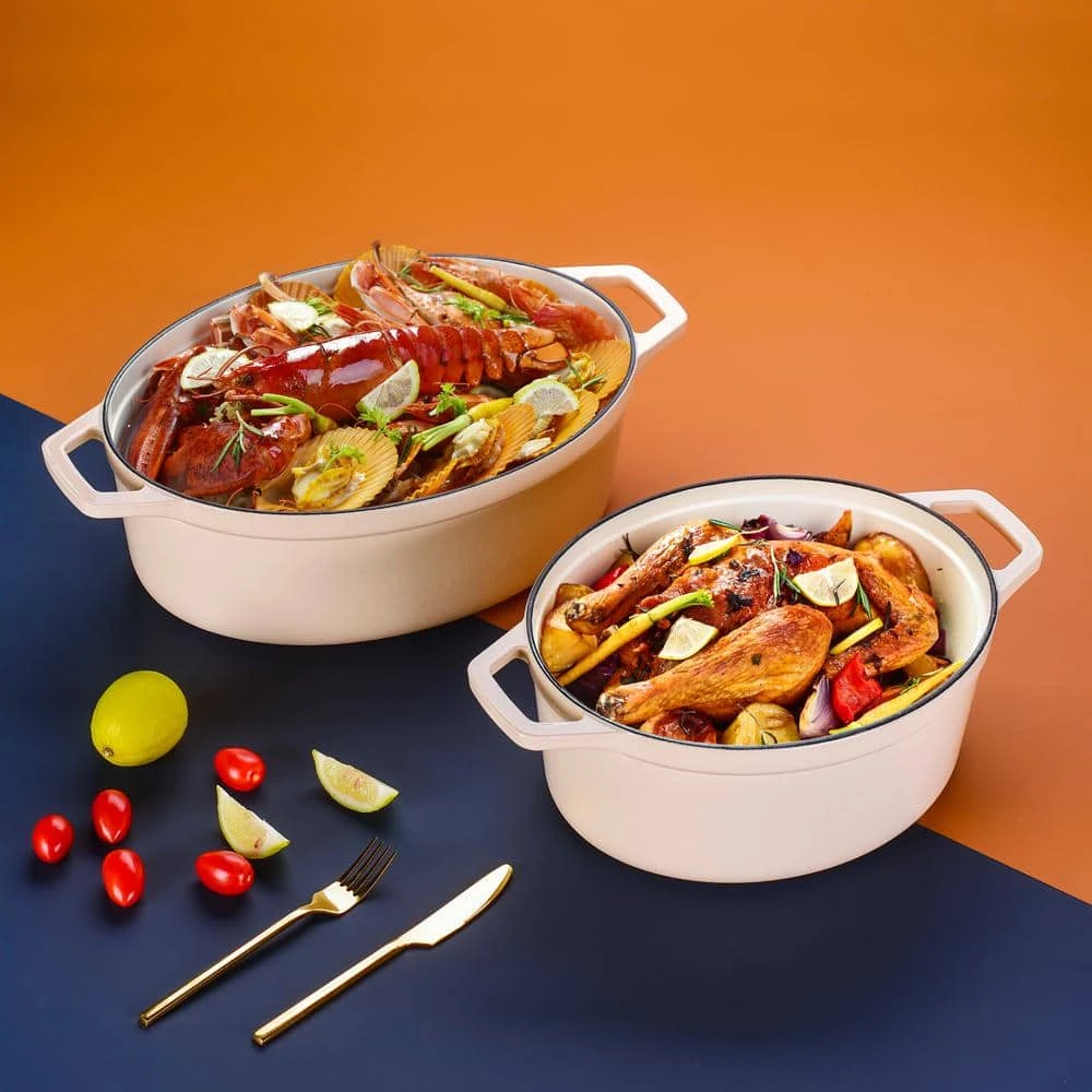 6 qt. Oval Cast Iron Nonstick Dutch Oven in Cream with Lid by vancasso - Image 6