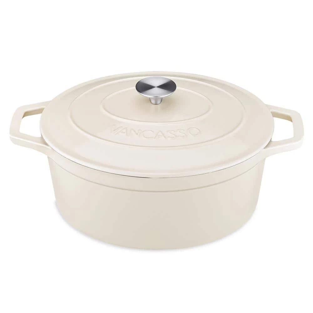 6 qt. Oval Cast Iron Nonstick Dutch Oven in Cream with Lid by vancasso