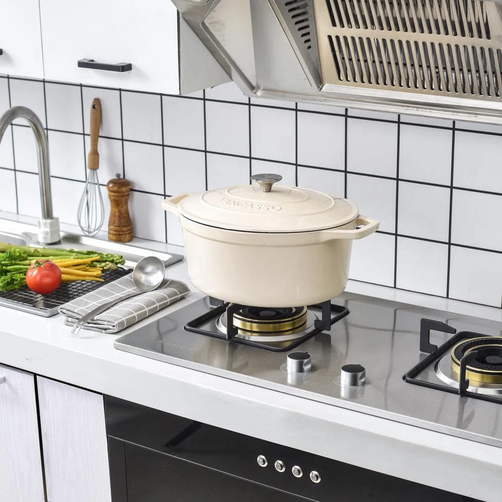 6 qt. Oval Cast Iron Nonstick Dutch Oven in Cream with Lid by vancasso - Image 7