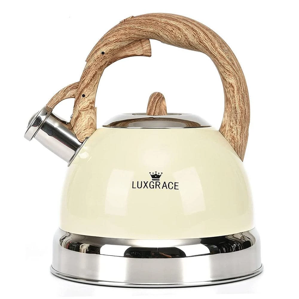 12 Cups Creamy White Stainless Steel Whistling Tea Kettle Teapot with Ergonomic Wood Rubber Touching Handle by Creative Home