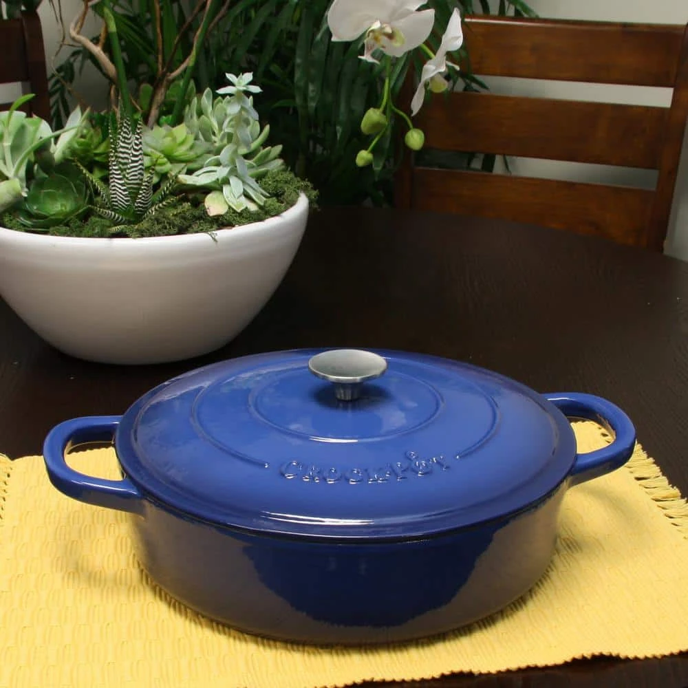 Artisan 5 qt. Round Enameled Cast Iron Braiser Pan with Self Basting Lid in Blue by Crock-Pot - Image 4