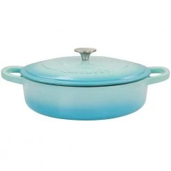Artisan 5 qt. Gradient Aqua Blue Enameled Cast Iron Round Braiser Pan with Lid by Crock-Pot