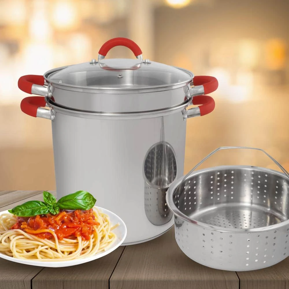 12 Qt. Stainless Steel Multi-Cooker Pasta Pot with Lid and Red Silicone Handles by ExcelSteel - Image 8
